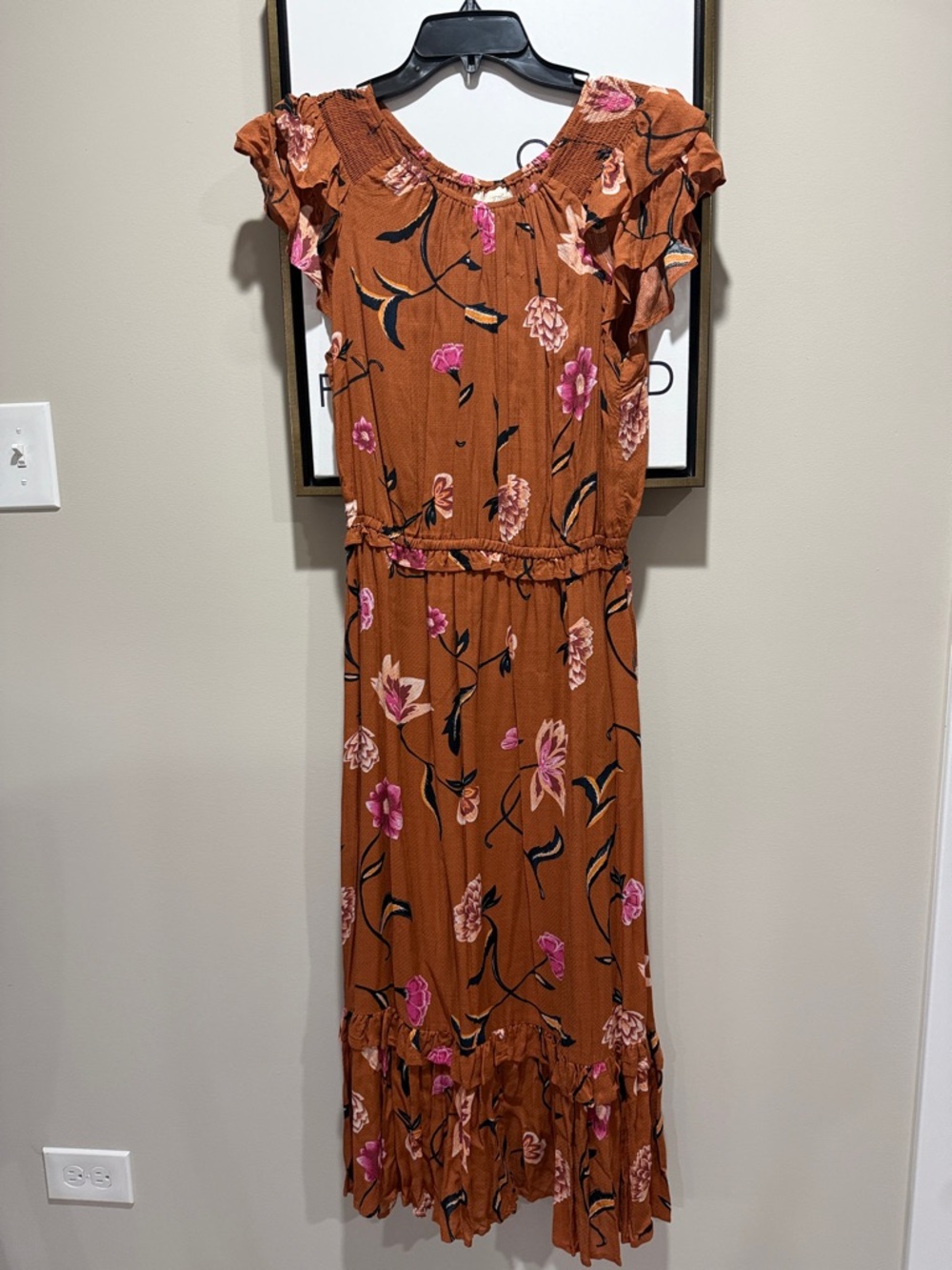 Universal Thread Rust Floral Maxi Dress with Pink Blooms and POCKETS